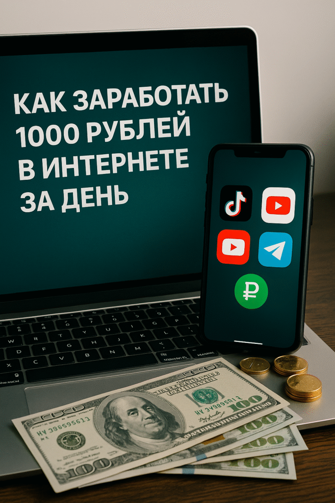 Как заработать 1000 рублей в интернете за день — современная обложка статьи с ноутбуком, смартфоном и деньгами